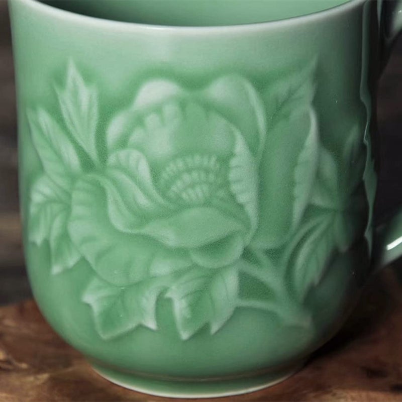 Handmade Celadon Teacups 13oz Coffee Mugs with Lid Porcelain Cups Embossed with Peony Chinese Celadon(01-Green) - Image 3